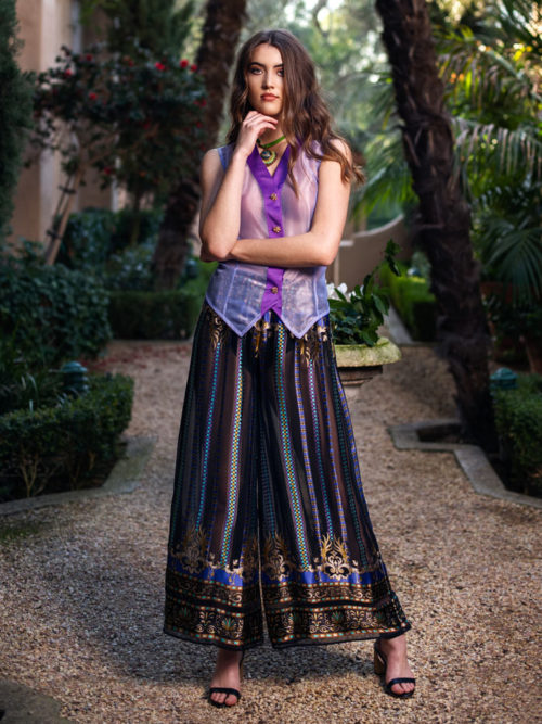 -Purple silk chiffon top  -Loose silk chiffon pants