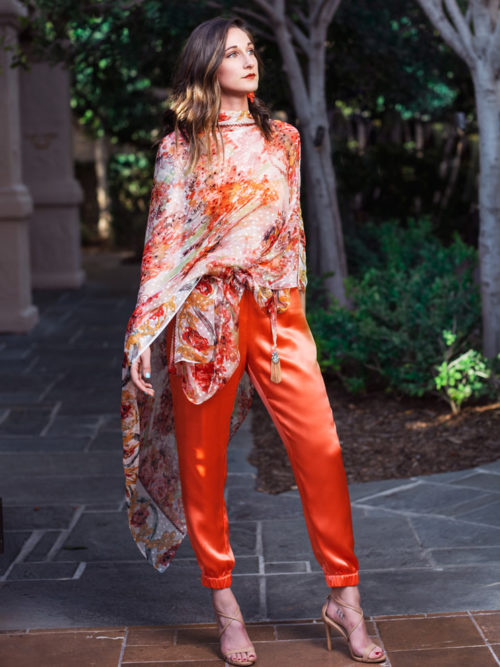 -Orange chiffon top -Orange silk pants