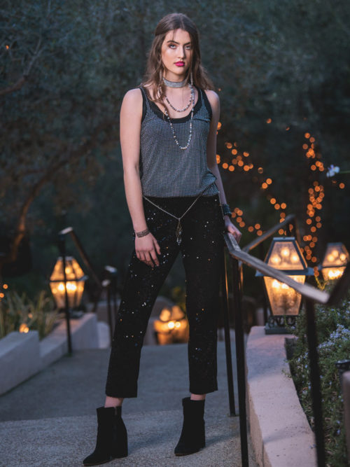 -Silver sequined tank top -Black sequence pants