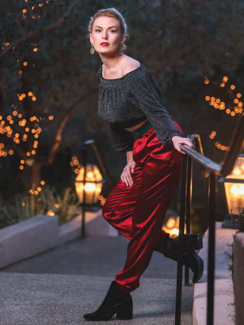 -Silk shimmer off the shoulder top -Red silk pants