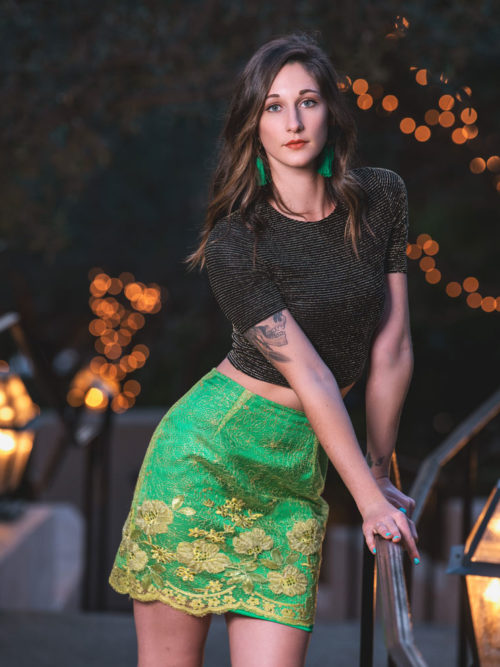 -Silk metallic crop top -Green lace skirt