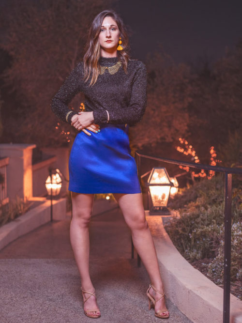 -Metallic shimmer top -Blue silk skirt